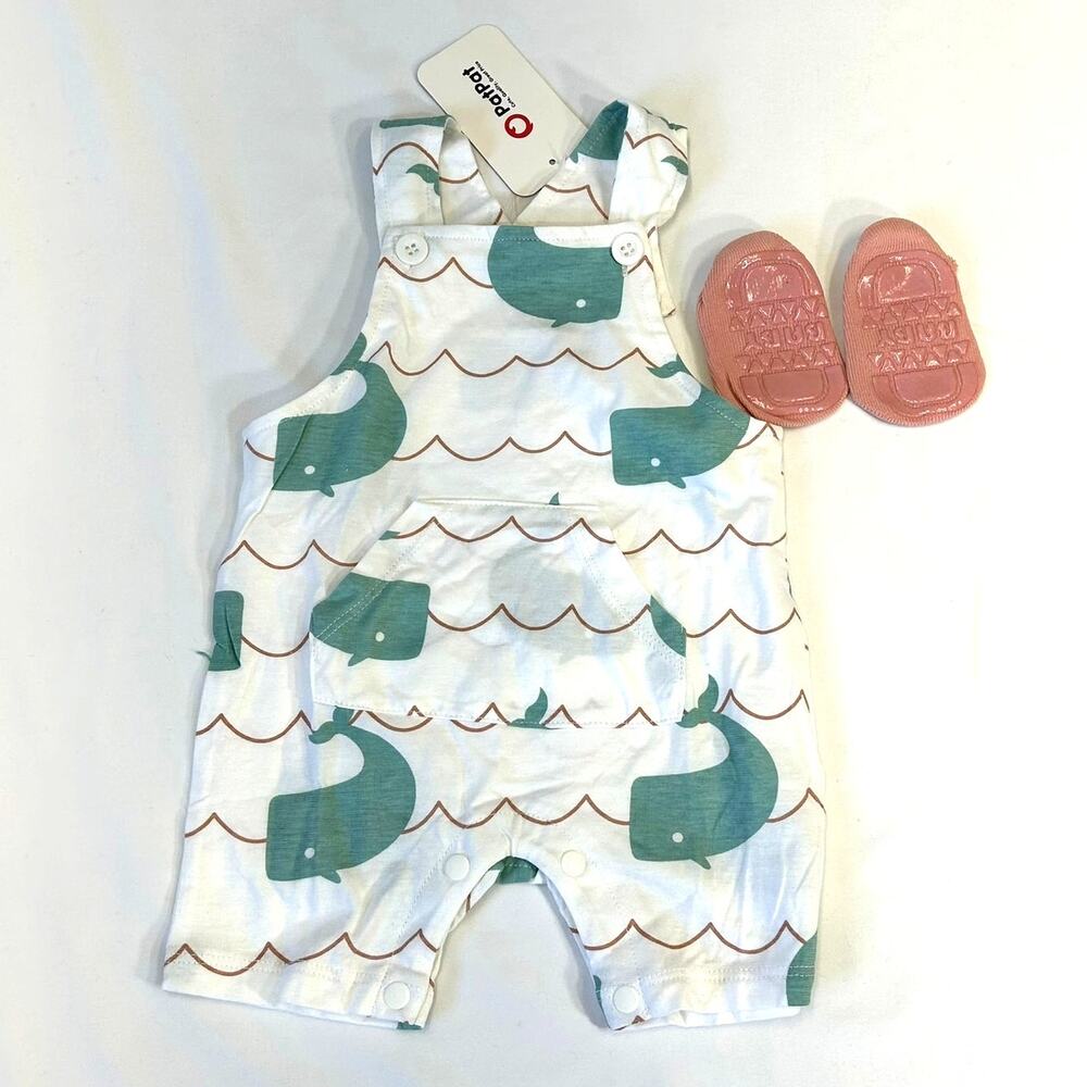 PatPat Baby Unisex Whale Print Romper Shorts 3-6M NWT w/Non-Slip Socks -F444B